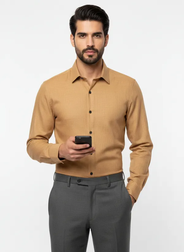 Mens_Khaki_Solid_Casual_Linen_Shirt_With_Rolled_Sleeves