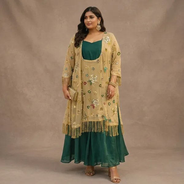 Green_And_Cream_Georgette_Premium_Jacket_With_Dress_Set_For_Women