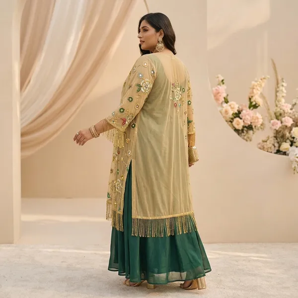 Green_And_Cream_Georgette_Premium_Jacket_With_Dress_Set_For_Women