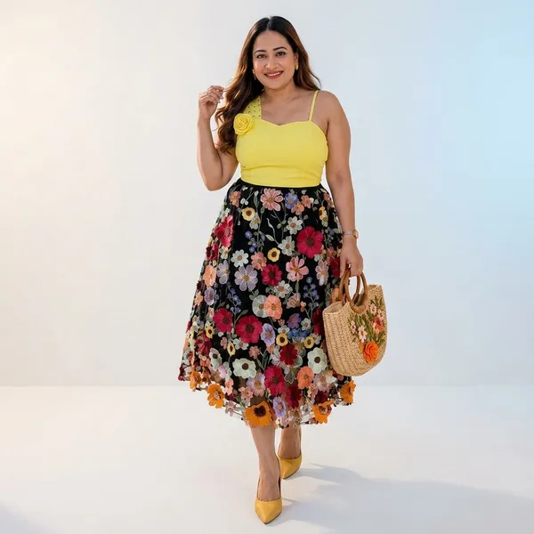 Black_And_Yellow_Net_Floral_Premium_Crop_Top_And_Skirt_For_Women