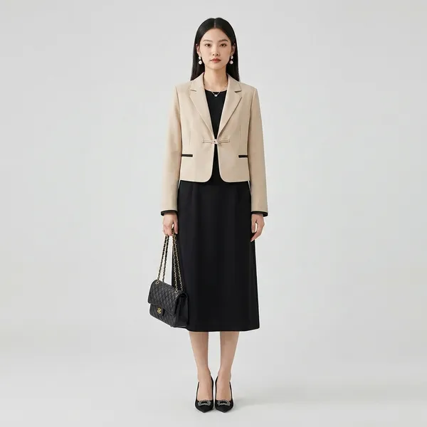 Beige_And_Black_Cotton_Premium_Tunic_With_Short_Blazer_For_Women