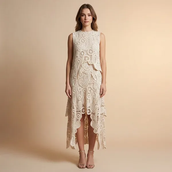 White_And_Beige_Crochet_Premium_Midi_Dress_For_Women