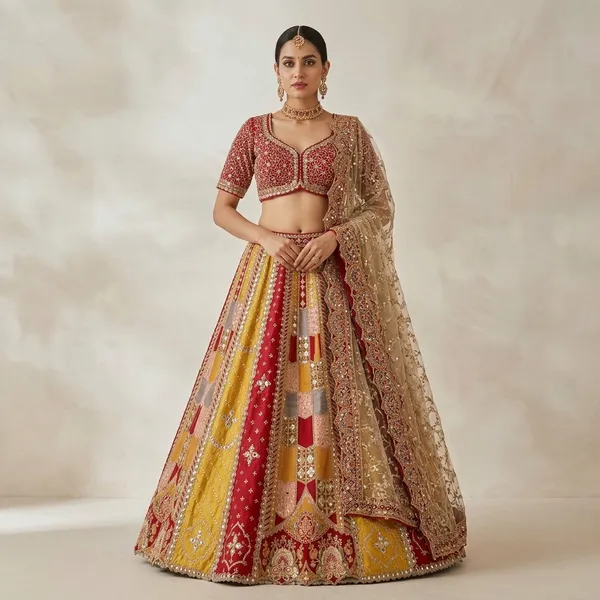 Multicolor_Red_Multi_Embroidered_And_Patch_Work_Lehenga_Choli_Set_For_Women