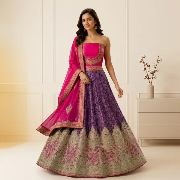 Pure_Jacquard_Bananasi_Purple_Embroidered_Border_Lehenga_Choli_Set_For_Women