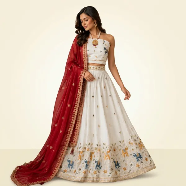 White_Embroidered_Lehenga_Choli_Set_With_Red_Dupatta_For_Women