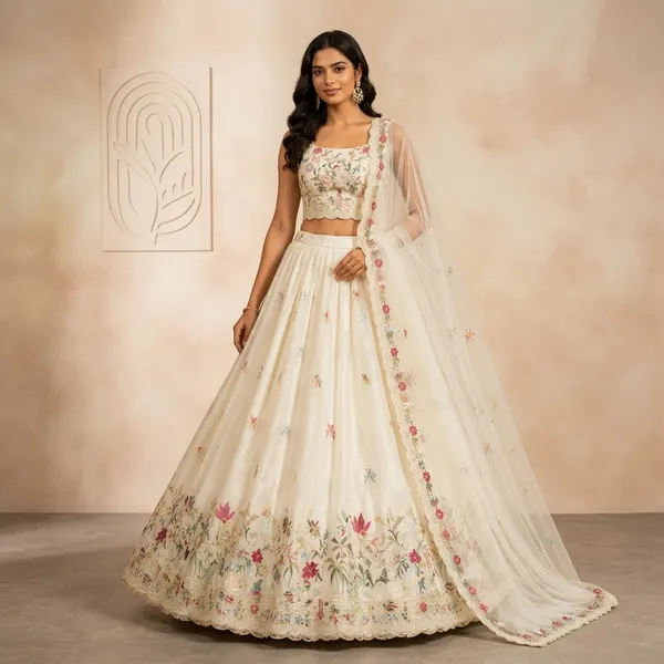 Off_White_Floral_Crop_Top_Embroidered_Lehenga_Choli_Set_For_Women