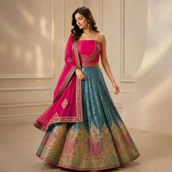 Pure_Jacquard_Bananasi_Tale_Blue_Rama_Embroidered_Border_Lehenga_Choli_Set_For_Women