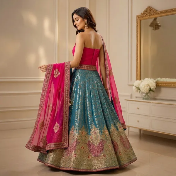 Pure_Jacquard_Bananasi_Tale_Blue_Rama_Embroidered_Border_Lehenga_Choli_Set_For_Women