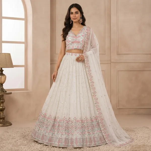 White_Floral_Embroidered_Crop_Top_Lehenga_Choli_Set_For_Women