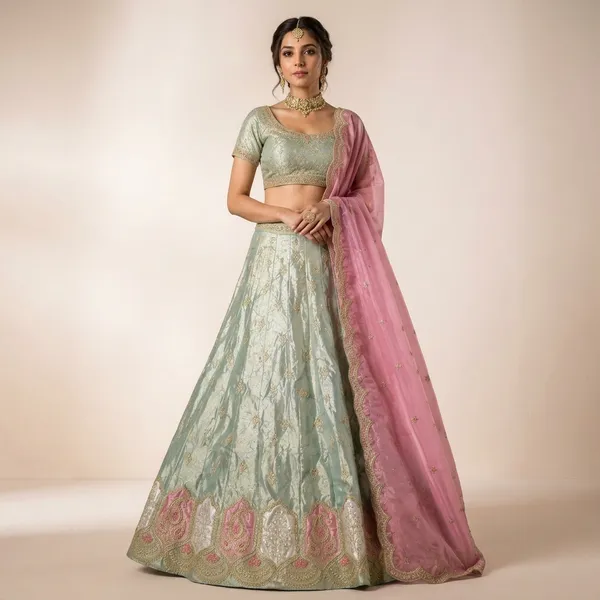 Mint_Green_Tissue_Fabric_With_Patch_Work_Embroidered_Lehenga_Choli_With_Pink_Dupatta