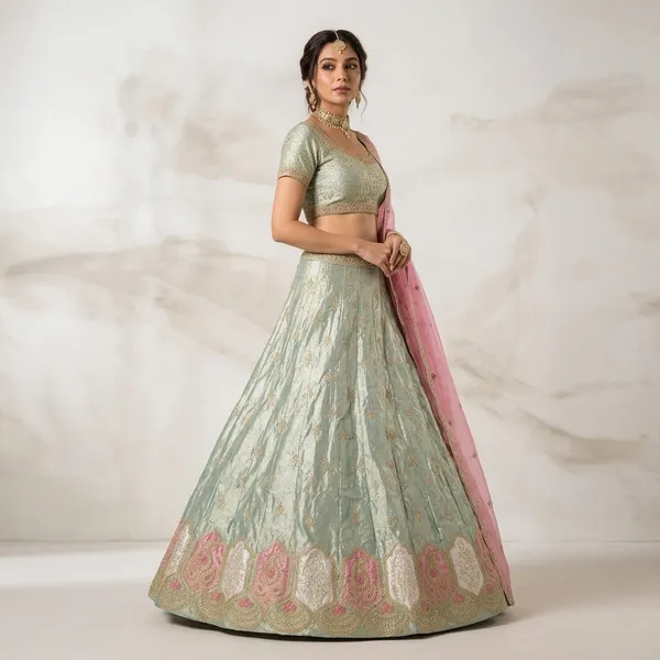 Mint_Green_Tissue_Fabric_With_Patch_Work_Embroidered_Lehenga_Choli_With_Pink_Dupatta