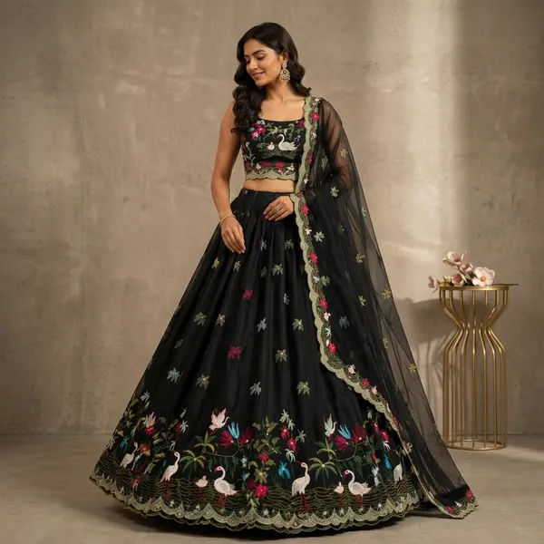 Black_Embroidered_Floral_Crop_Top_Lehenga_Choli_Set_For_Women