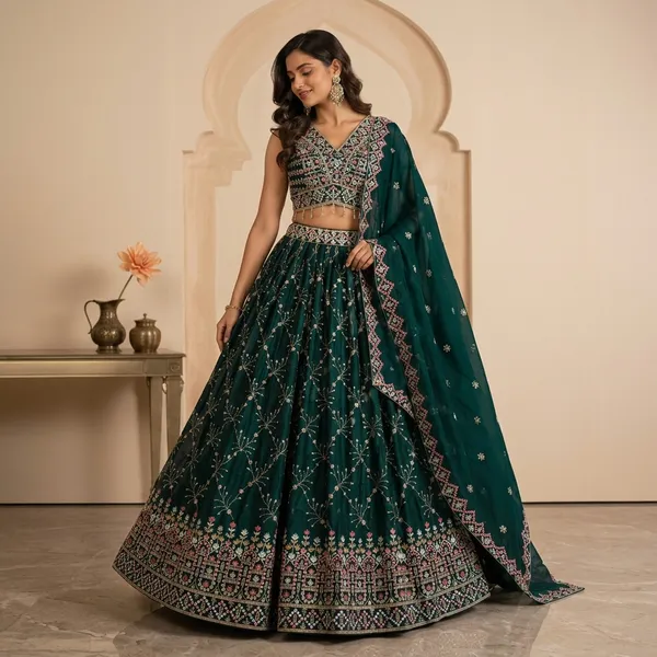 Green_Embroidered_Heavy_Silk_Crop_Top_Style_Lehenga_Choli_Set_For_Women