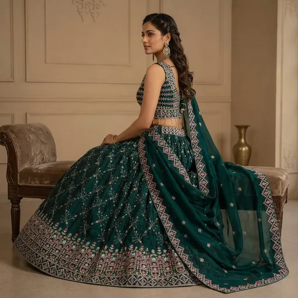 Green_Embroidered_Heavy_Silk_Crop_Top_Style_Lehenga_Choli_Set_For_Women