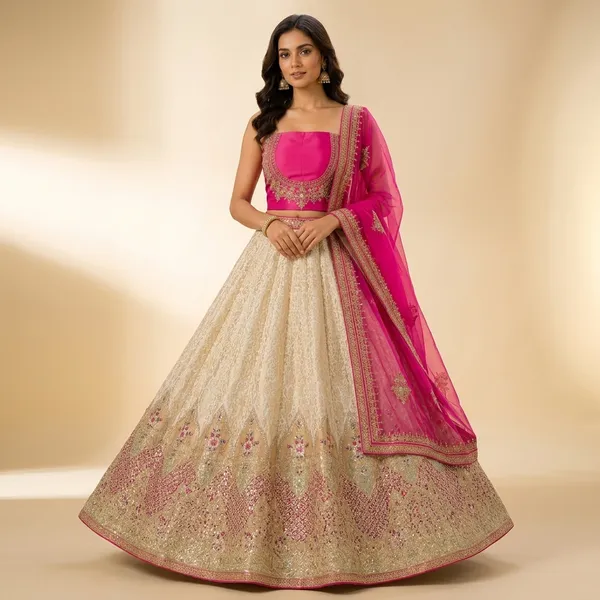 Ivory_Cream_Pure_Jacquard_Bananasi_Embroidered_Border_Lehenga_Choli_Set_For_Women