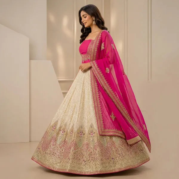 Ivory_Cream_Pure_Jacquard_Bananasi_Embroidered_Border_Lehenga_Choli_Set_For_Women