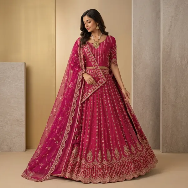 Rani_Pink_Raw_Silk_Hand_Work_And_Heavy_Embroidered_Bridal_Lehenga_Choli_For_Women_With_Double_Dupatta