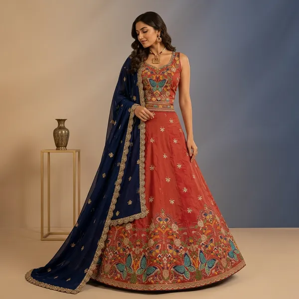 Rust_Orange_Embroidered_Silk_Lehenga_Choli_With_Navy_Blue_Dupatta