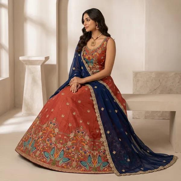 Rust_Orange_Embroidered_Silk_Lehenga_Choli_With_Navy_Blue_Dupatta