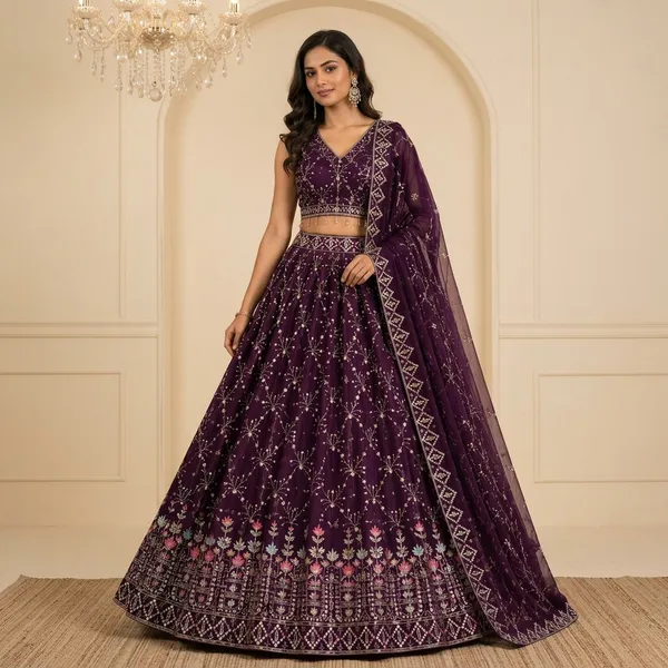 Wine_Purple_Embroidered_Silk_Crop_Top_Style_Lehenga_Choli_Set_For_Women
