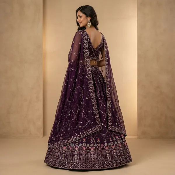 Wine_Purple_Embroidered_Silk_Crop_Top_Style_Lehenga_Choli_Set_For_Women