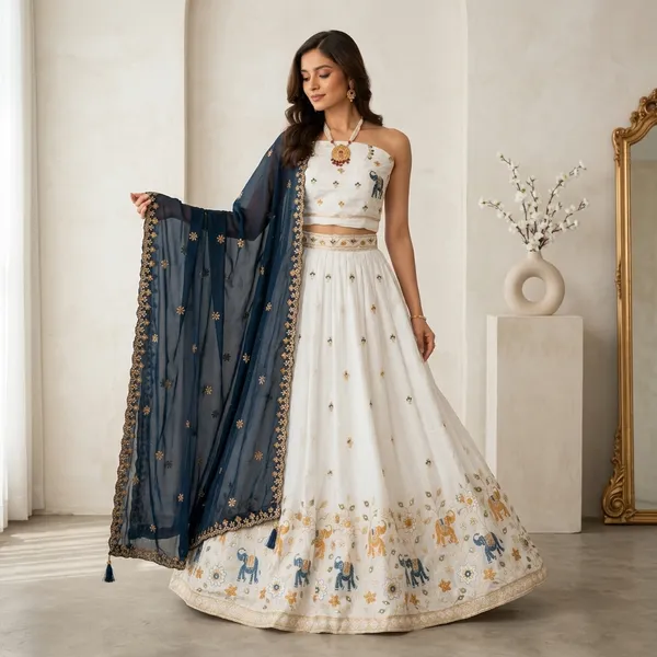 White_Embroidered_Lehenga_Choli_Set_With_Navy_Blue_Dupatta