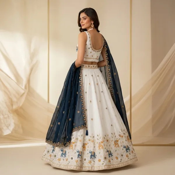 White_Embroidered_Lehenga_Choli_Set_With_Navy_Blue_Dupatta