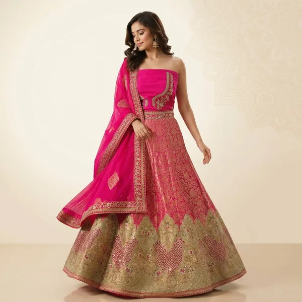 Rani_Pink_Pure_Jacquard_Bananasi_Embroidered_Border_Lehenga_Choli_Set_For_Women