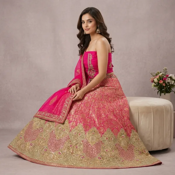 Rani_Pink_Pure_Jacquard_Bananasi_Embroidered_Border_Lehenga_Choli_Set_For_Women