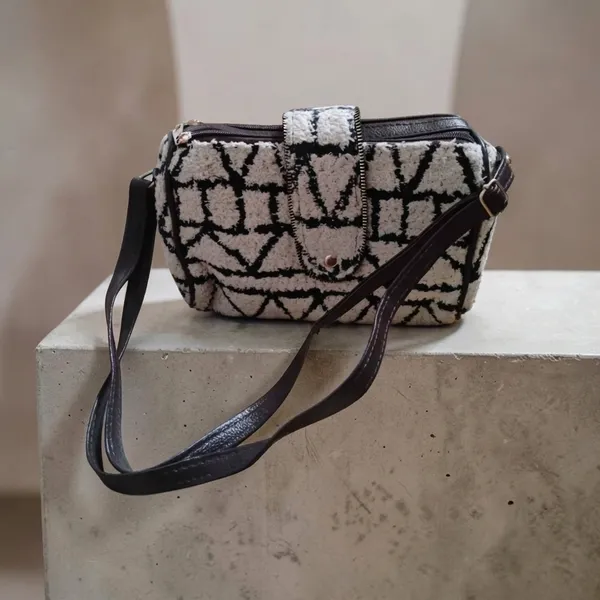 Black_And_White_Woven_Fabric_With_Faux_Leather_Trims_Sling_Bag_For_Women