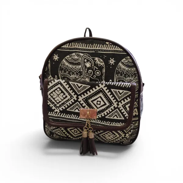 Black_And_White_Textured_Fabric_With_Faux_Leather_Trims_Backpack_For_Women