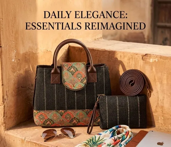 Black__Woven_Fabric_With_Vegan_Leather_Handles_And_Trims_Handbag_With_Pouch_For_Women