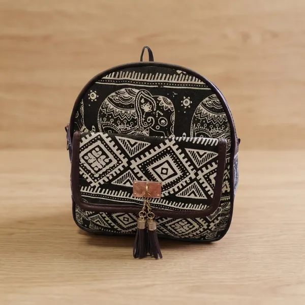 Black_And_White_Textured_Fabric_With_Faux_Leather_Trims_Backpack_For_Women