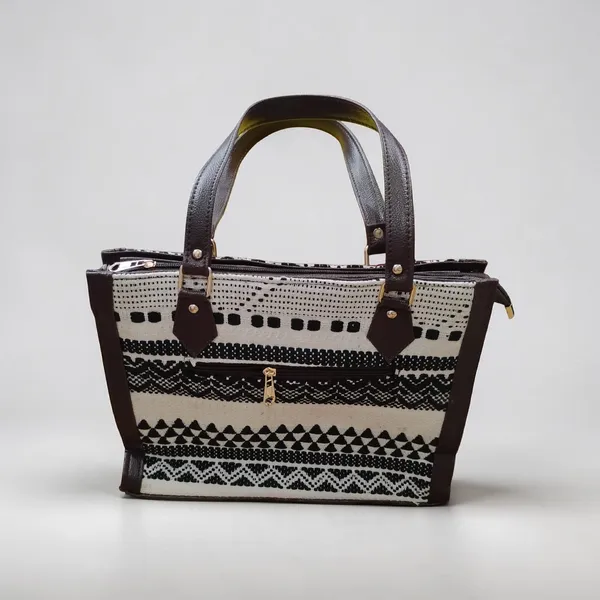 Black_And_White_Textured_Fabric_With_Leather-Like_Trim_Structured_Tote_Bag_For_Women