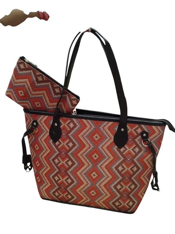 Rust_Red_Woven_Fabric_With_Faux_Leather_Trims_Tote_Bag_For_Women