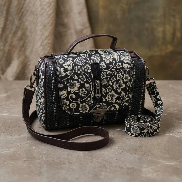 Black_Textured_Fabric_With_Leather_Trims_Sling_Bag_For_Women