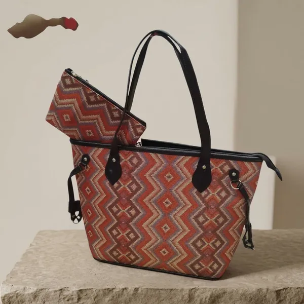 Rust_Red_Woven_Fabric_With_Faux_Leather_Trims_Tote_Bag_For_Women