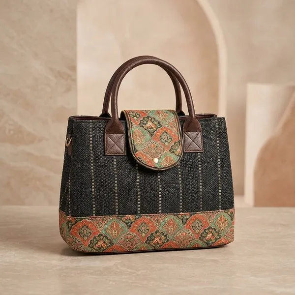 Black__Woven_Fabric_With_Vegan_Leather_Handles_And_Trims_Handbag_With_Pouch_For_Women