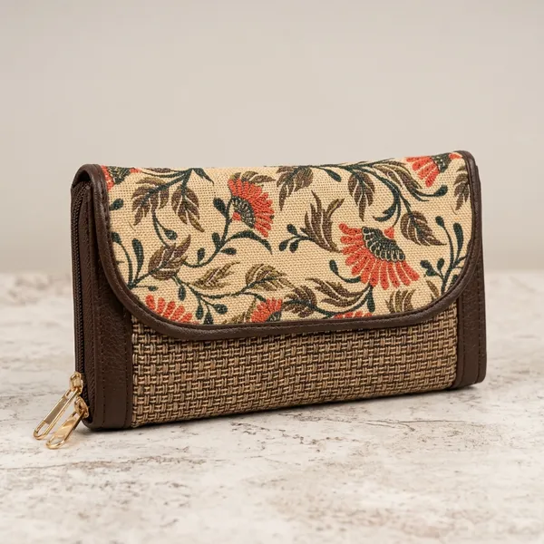 Multicolor_Jute-Blend_Fabric_With_Faux_Leather_Trims_Clutch_Wallet_For_Women
