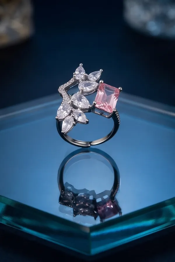 Ishrin_Studio_Silver_Plated_Pink_Princess_Cut_Cz_Adjustable_Ring_For_Women_&_Girls_|_Floral_Statement_Cocktail_Ring