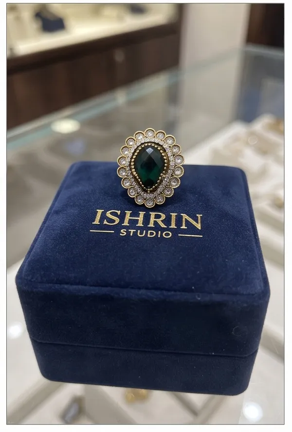 Ishrin_Studio_Green_Oval_Crystal_Adjustable_Ring_For_Women_&_Girls_|_Gold_Tone_Statement_Cocktail_Ring_With_Rhinestones
