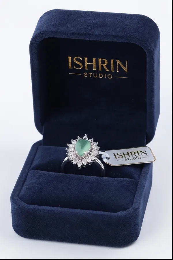 Ishrin_Studio_Silver_Plated_Green_Pear_Cut_Cz_Adjustable_Ring_For_Women_&_Girls_|_Floral_Halo_Statement_Cocktail_Ring