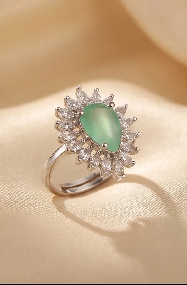 Ishrin_Studio_Silver_Plated_Green_Pear_Cut_Cz_Adjustable_Ring_For_Women_&_Girls_|_Floral_Halo_Statement_Cocktail_Ring