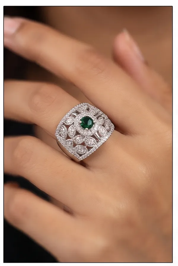 Ishrin_Studio_Silver_Plated_Green_Cz_Adjustable_Ring_For_Women_&_Girls_|_Emerald_Style_Statement_Cocktail_Ring