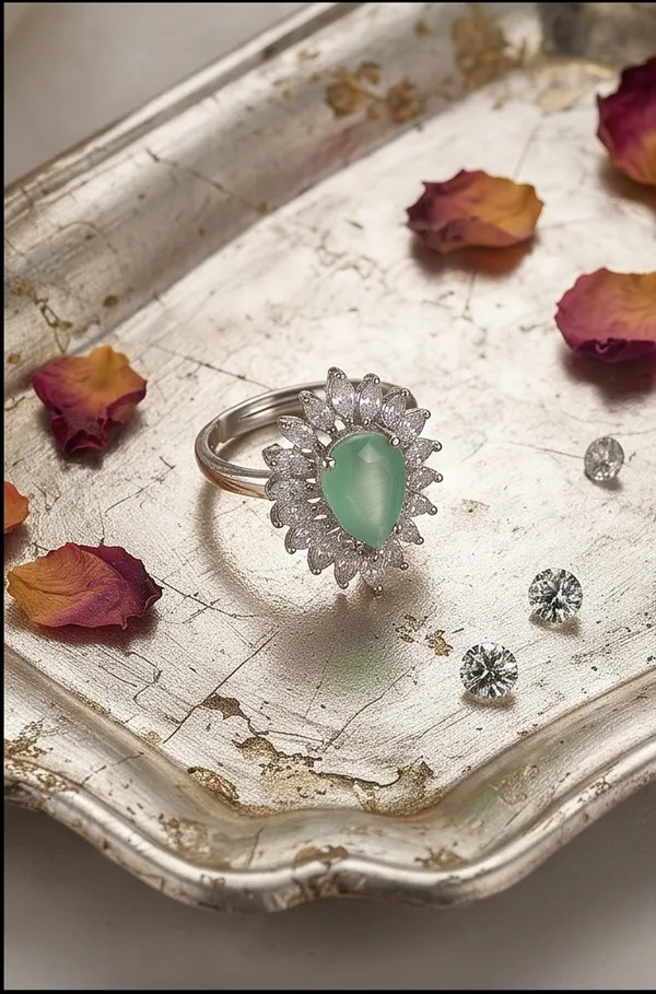 Ishrin_Studio_Silver_Plated_Green_Pear_Cut_Cz_Adjustable_Ring_For_Women_&_Girls_|_Floral_Halo_Statement_Cocktail_Ring