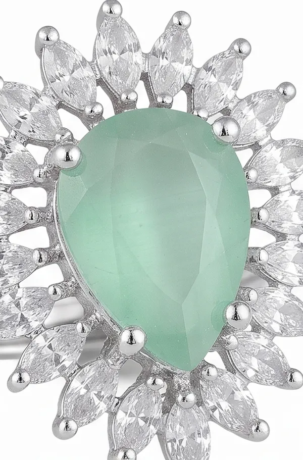 Ishrin_Studio_Silver_Plated_Green_Pear_Cut_Cz_Adjustable_Ring_For_Women_&_Girls_|_Floral_Halo_Statement_Cocktail_Ring
