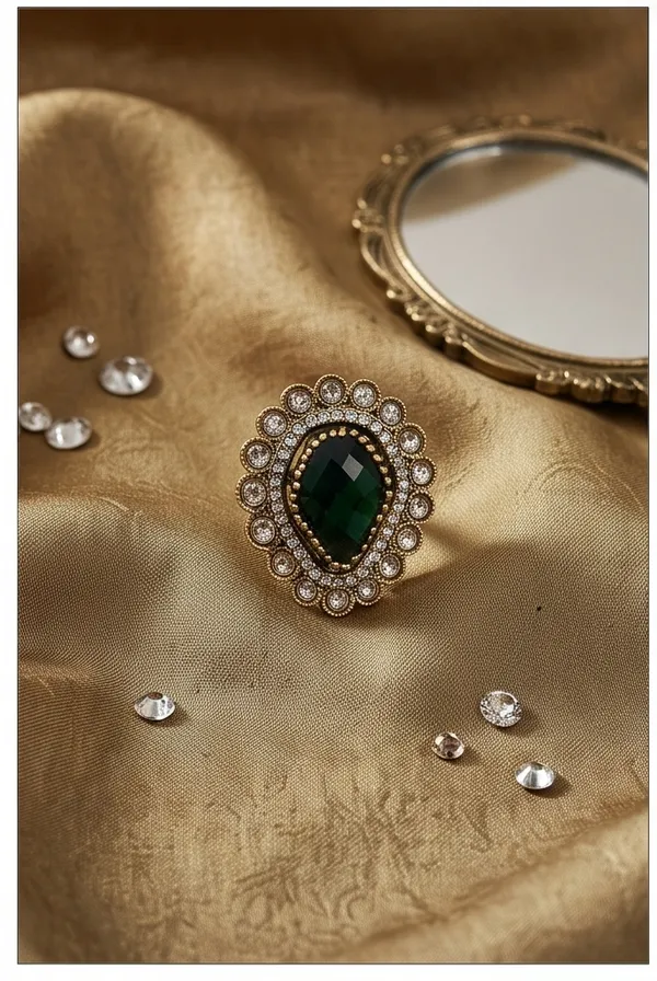 Ishrin_Studio_Green_Oval_Crystal_Adjustable_Ring_For_Women_&_Girls_|_Gold_Tone_Statement_Cocktail_Ring_With_Rhinestones