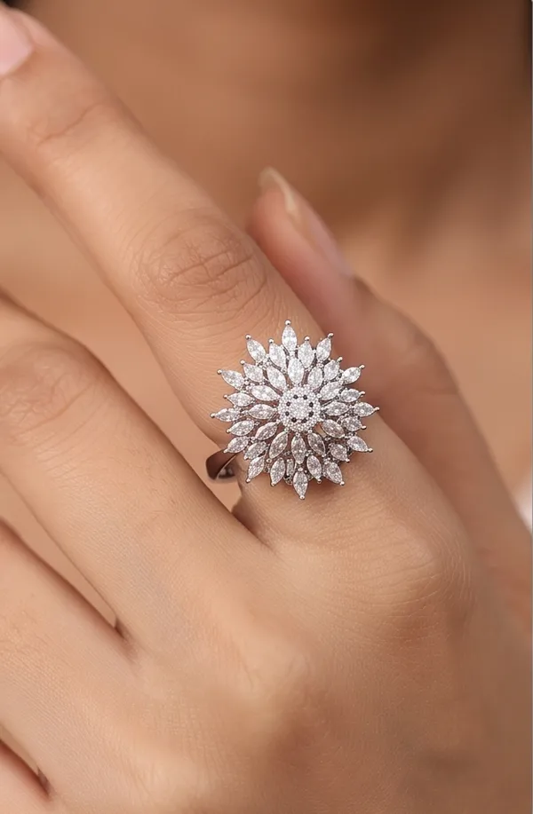 Ishrin_Studio_Silver_Plated_Floral_Cz_Adjustable_Ring_For_Women_&_Girls_|_Sunflower_Statement_Cocktail_Ring