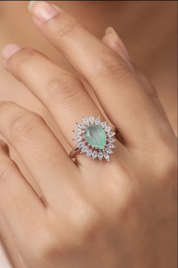 Ishrin_Studio_Silver_Plated_Green_Pear_Cut_Cz_Adjustable_Ring_For_Women_&_Girls_|_Floral_Halo_Statement_Cocktail_Ring