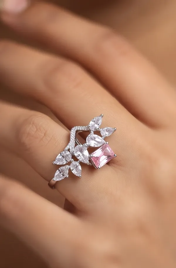 Ishrin_Studio_Silver_Plated_Pink_Princess_Cut_Cz_Adjustable_Ring_For_Women_&_Girls_|_Floral_Statement_Cocktail_Ring